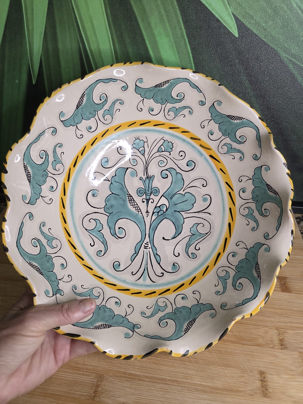 Meridiana Italian Hand-Painted Turquoise and Yellow Decorative Pottery Bowl